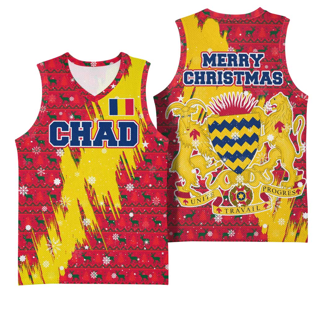Chad Christmas Basketball Jersey with Red-Yellow Festive Pattern, National Coat of Arms, and Snowflake Accents - Wonder Print Shop