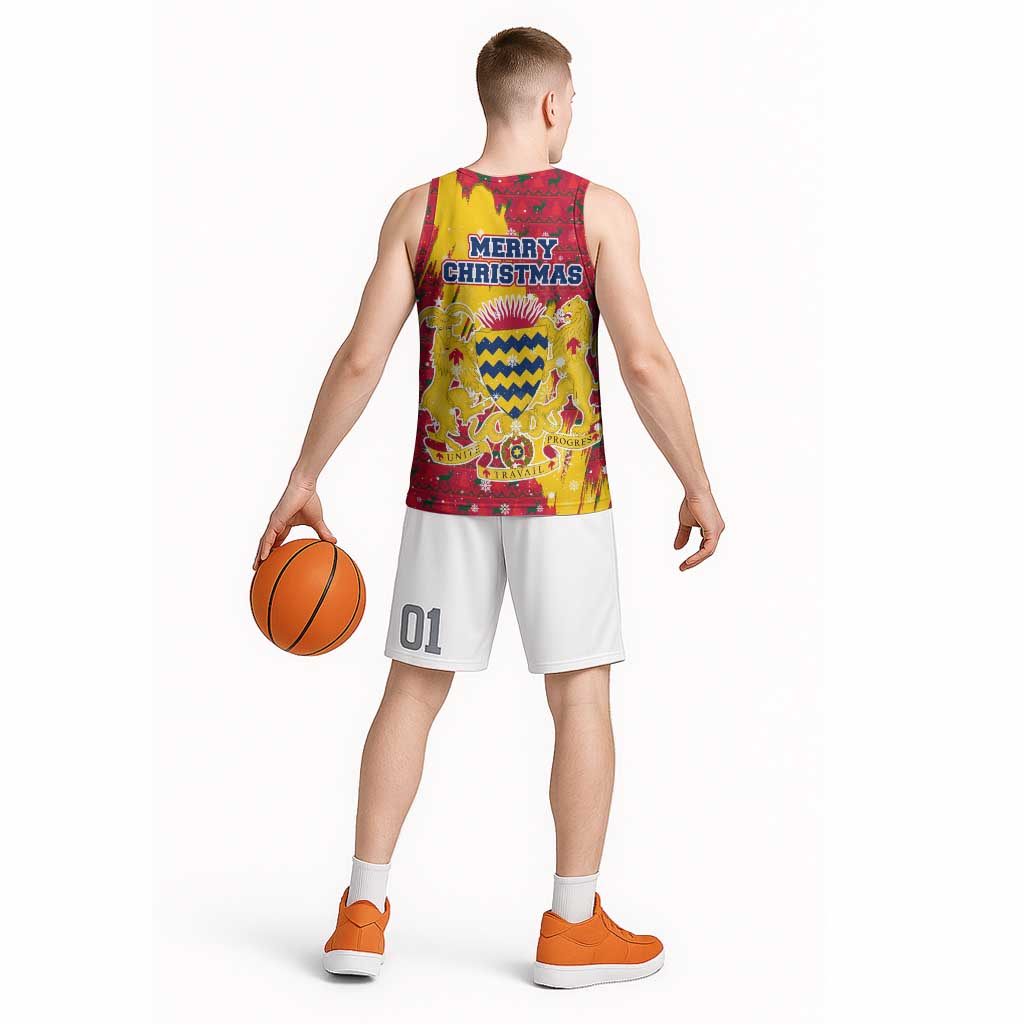 Chad Christmas Basketball Jersey with Red-Yellow Festive Pattern, National Coat of Arms, and Snowflake Accents - Wonder Print Shop