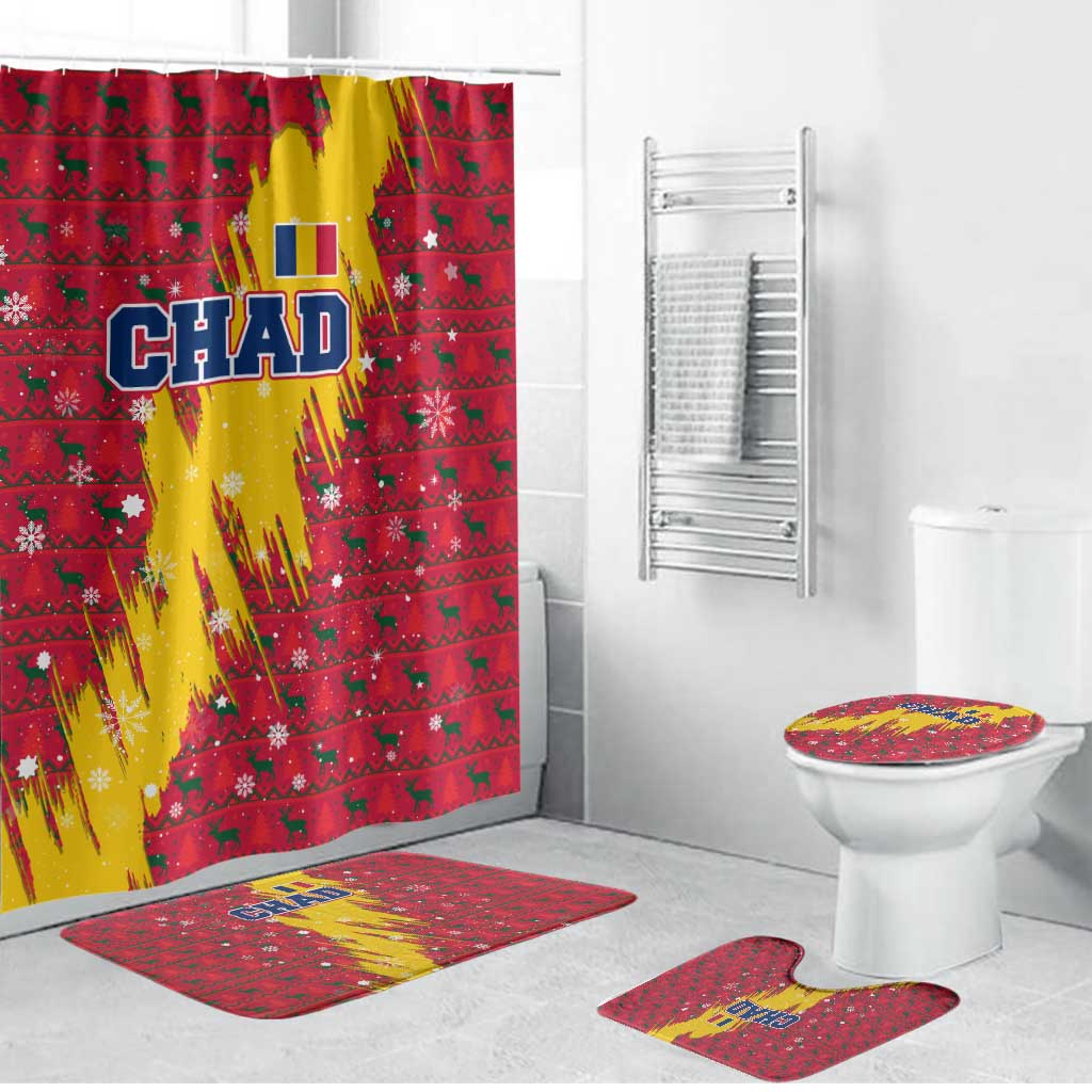 Chad Christmas Bathroom Set with Red-Yellow Festive Pattern, National Coat of Arms, and Snowflake Accents - Wonder Print Shop