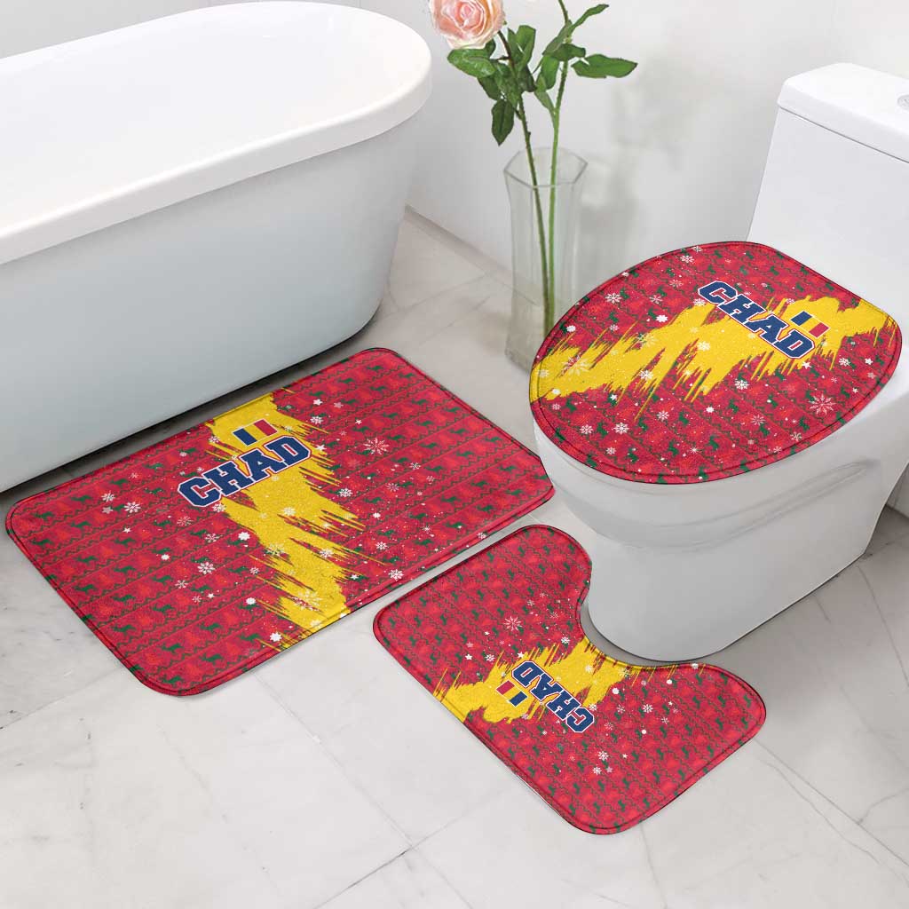 Chad Christmas Bathroom Set with Red-Yellow Festive Pattern, National Coat of Arms, and Snowflake Accents - Wonder Print Shop