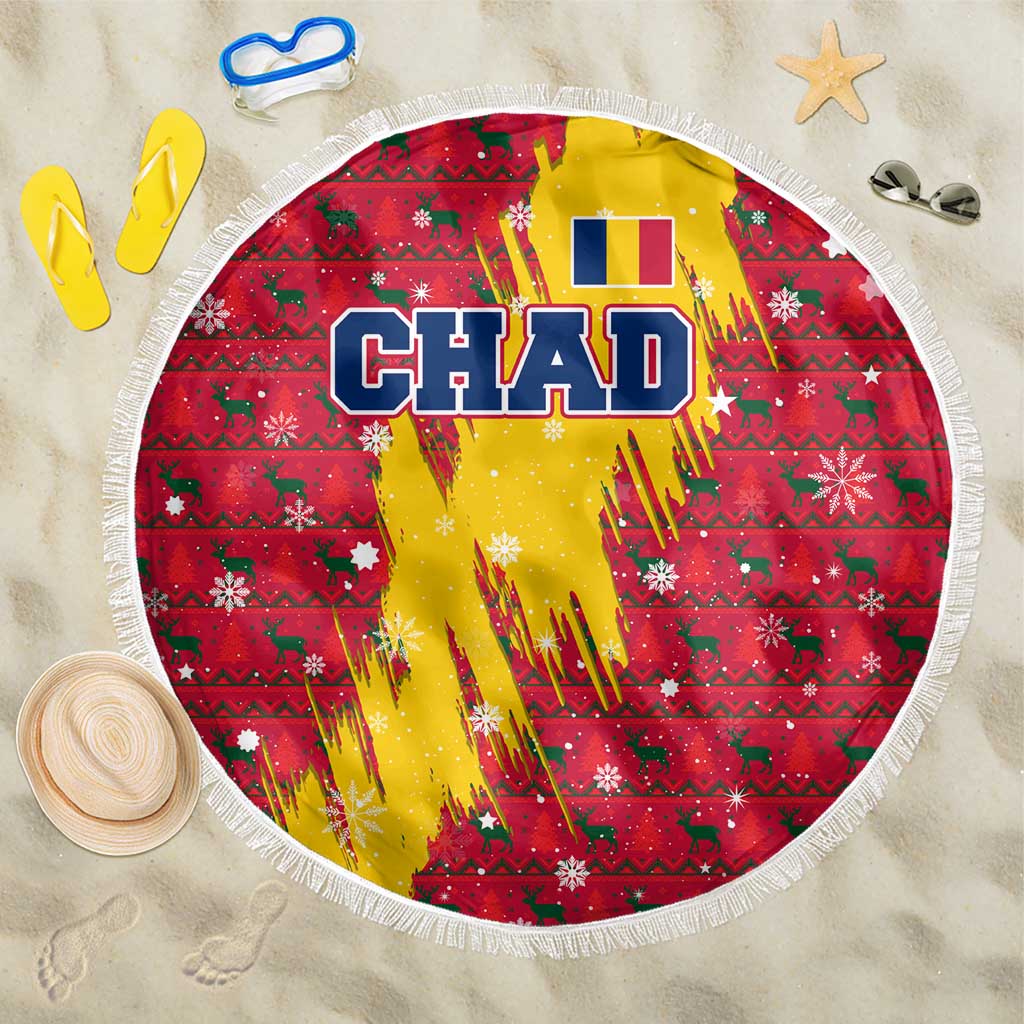 Chad Christmas Beach Blanket with Red-Yellow Festive Pattern, National Coat of Arms, and Snowflake Accents - Wonder Print Shop