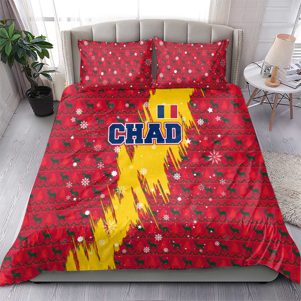 Chad Christmas Bedding Set with Red-Yellow Festive Pattern, National Coat of Arms, and Snowflake Accents - Wonder Print Shop