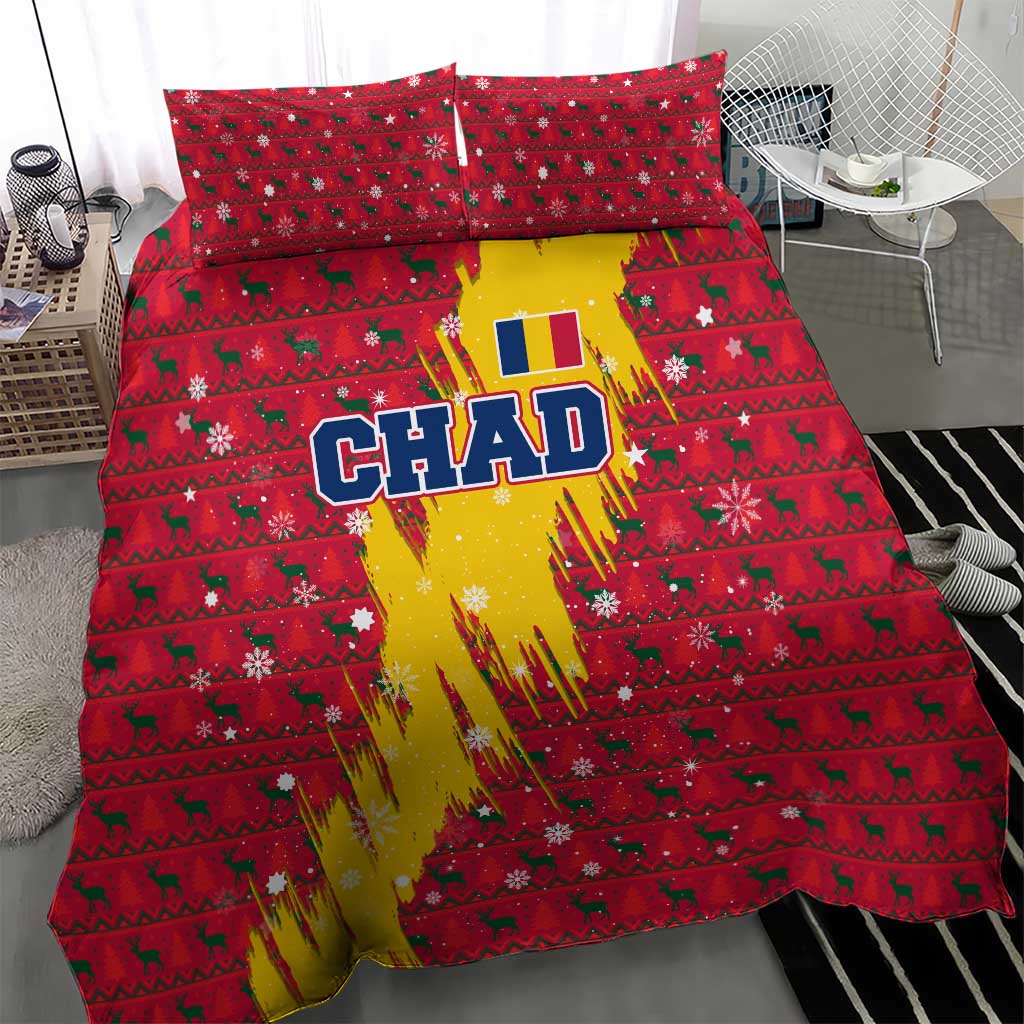 Chad Christmas Bedding Set with Red-Yellow Festive Pattern, National Coat of Arms, and Snowflake Accents - Wonder Print Shop