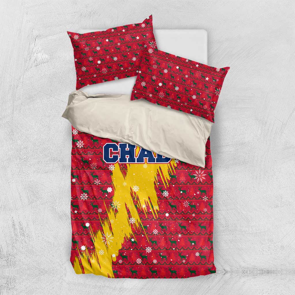 Chad Christmas Bedding Set with Red-Yellow Festive Pattern, National Coat of Arms, and Snowflake Accents - Wonder Print Shop