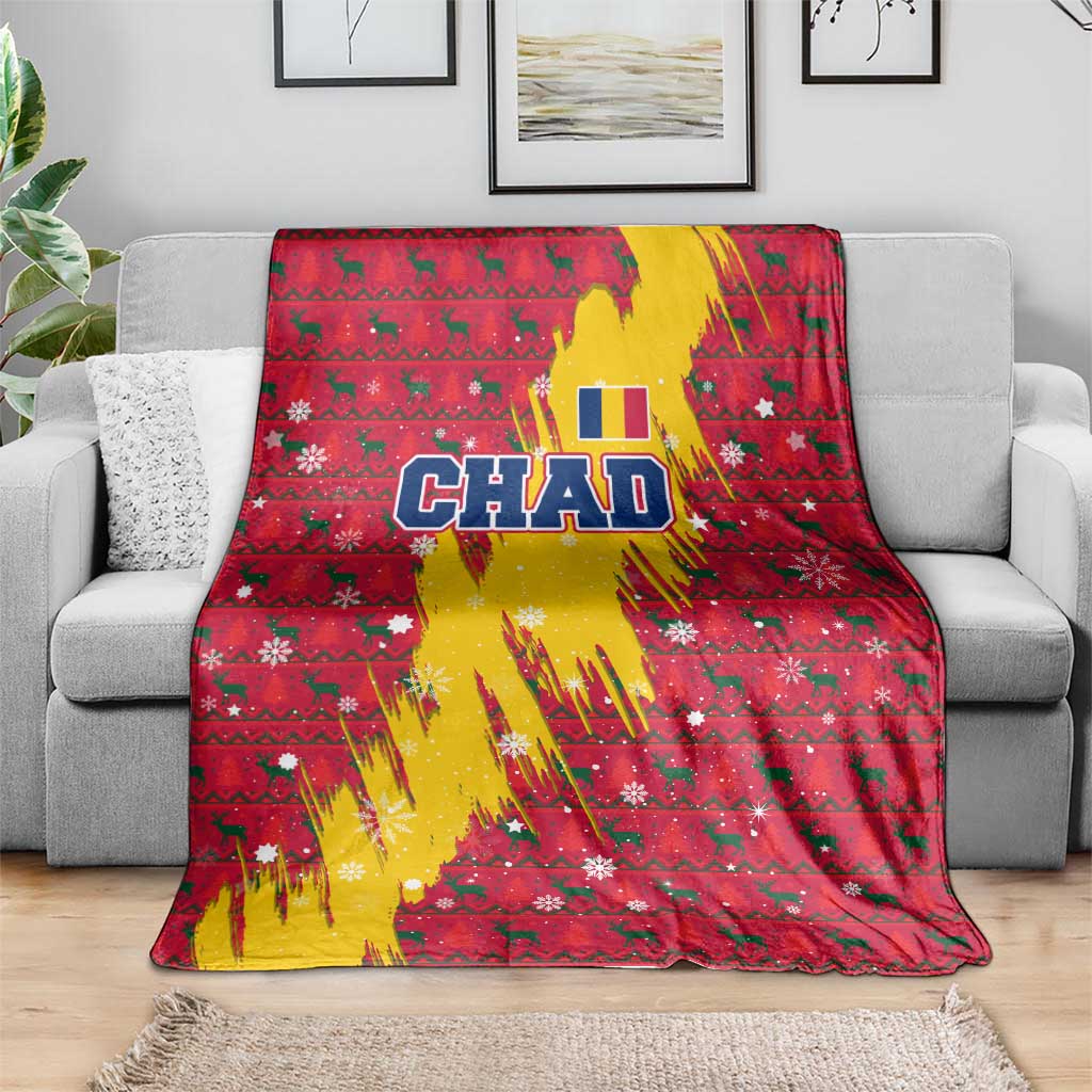 Chad Christmas Blanket with Red-Yellow Festive Pattern, National Coat of Arms, and Snowflake Accents - Wonder Print Shop
