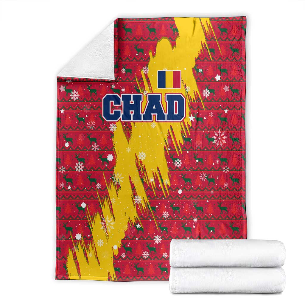 Chad Christmas Blanket with Red-Yellow Festive Pattern, National Coat of Arms, and Snowflake Accents - Wonder Print Shop