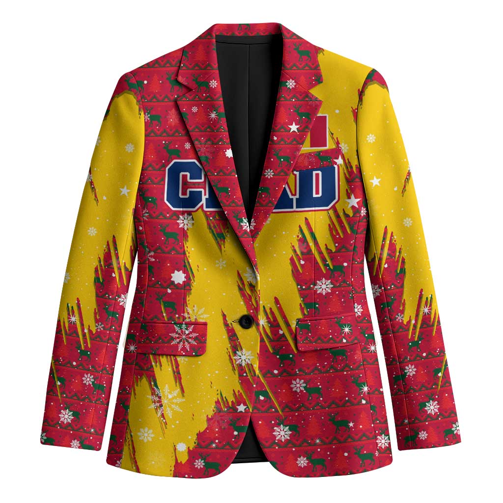 Chad Christmas Blazer with Red-Yellow Festive Pattern, National Coat of Arms, and Snowflake Accents - Wonder Print Shop