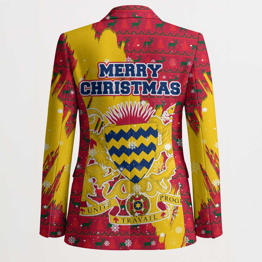Chad Christmas Blazer with Red-Yellow Festive Pattern, National Coat of Arms, and Snowflake Accents - Wonder Print Shop