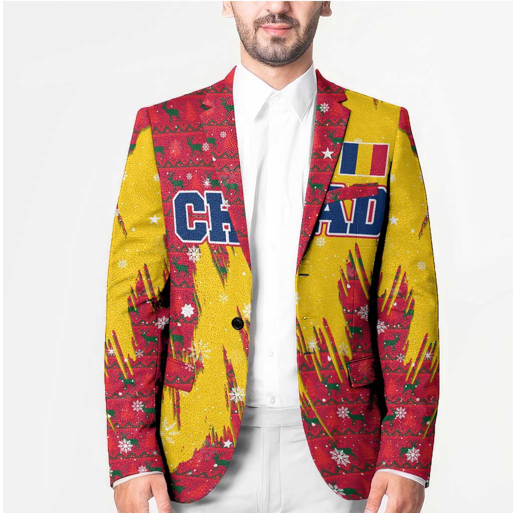 Chad Christmas Blazer with Red-Yellow Festive Pattern, National Coat of Arms, and Snowflake Accents - Wonder Print Shop