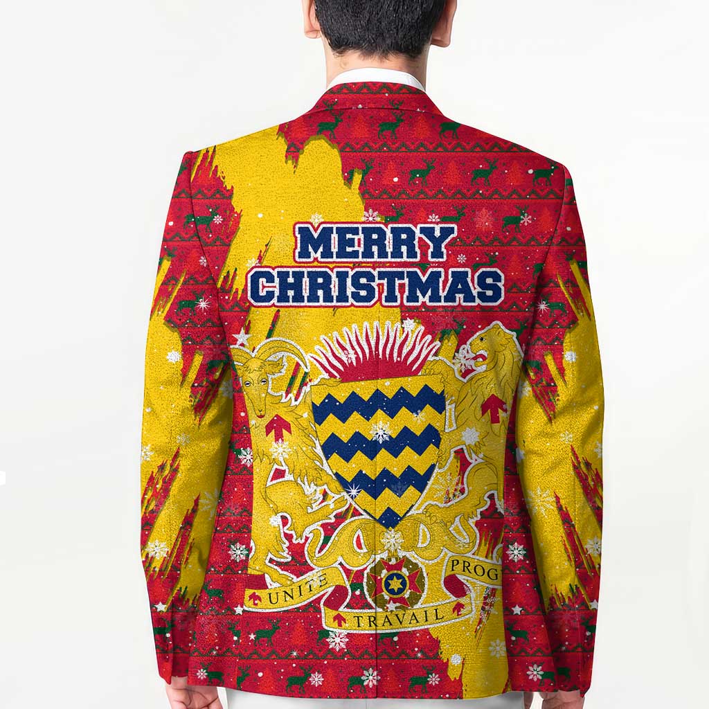Chad Christmas Blazer with Red-Yellow Festive Pattern, National Coat of Arms, and Snowflake Accents - Wonder Print Shop