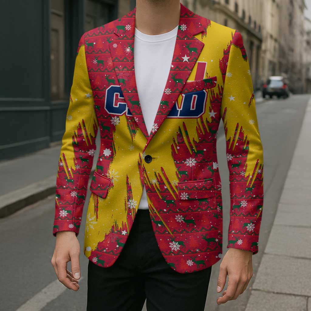Chad Christmas Blazer with Red-Yellow Festive Pattern, National Coat of Arms, and Snowflake Accents - Wonder Print Shop