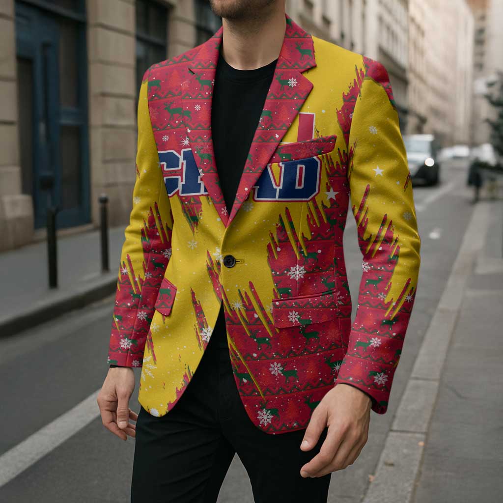 Chad Christmas Blazer with Red-Yellow Festive Pattern, National Coat of Arms, and Snowflake Accents - Wonder Print Shop