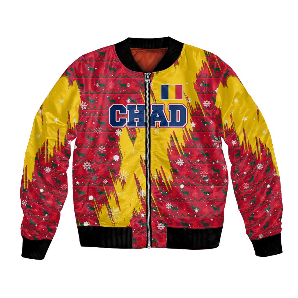 Chad Christmas Bomber Jacket with Red-Yellow Festive Pattern, National Coat of Arms, and Snowflake Accents - Wonder Print Shop