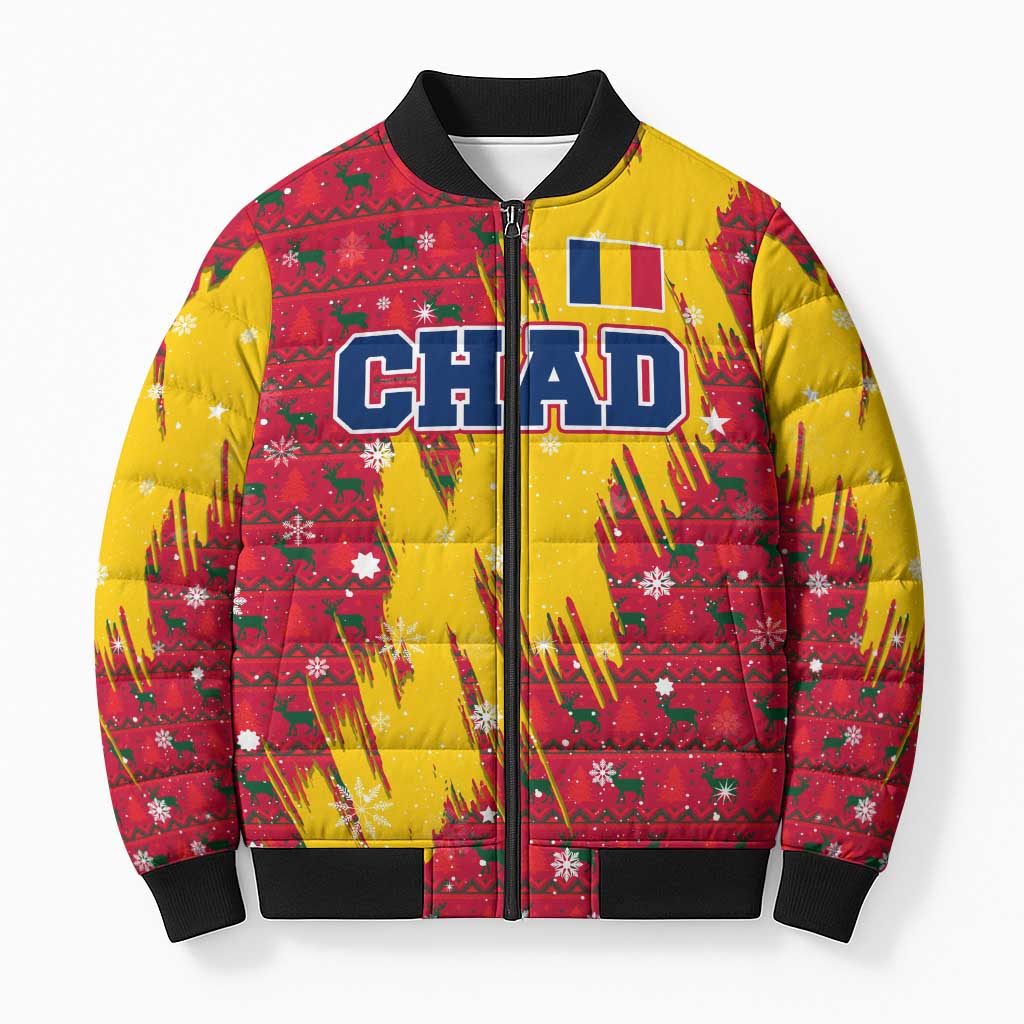 Chad Christmas Bomber Puffer Jacket with Red-Yellow Festive Pattern, National Coat of Arms, and Snowflake Accents - Wonder Print Shop