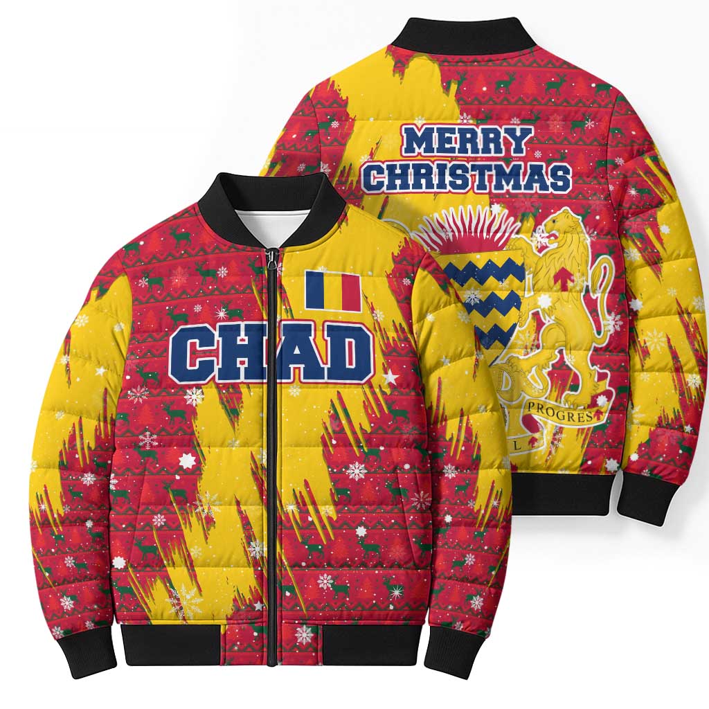 Chad Christmas Bomber Puffer Jacket with Red-Yellow Festive Pattern, National Coat of Arms, and Snowflake Accents - Wonder Print Shop