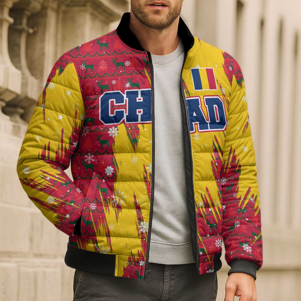 Chad Christmas Bomber Puffer Jacket with Red-Yellow Festive Pattern, National Coat of Arms, and Snowflake Accents - Wonder Print Shop