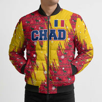 Chad Christmas Bomber Puffer Jacket with Red-Yellow Festive Pattern, National Coat of Arms, and Snowflake Accents - Wonder Print Shop