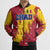 Chad Christmas Bomber Puffer Jacket with Red-Yellow Festive Pattern, National Coat of Arms, and Snowflake Accents - Wonder Print Shop