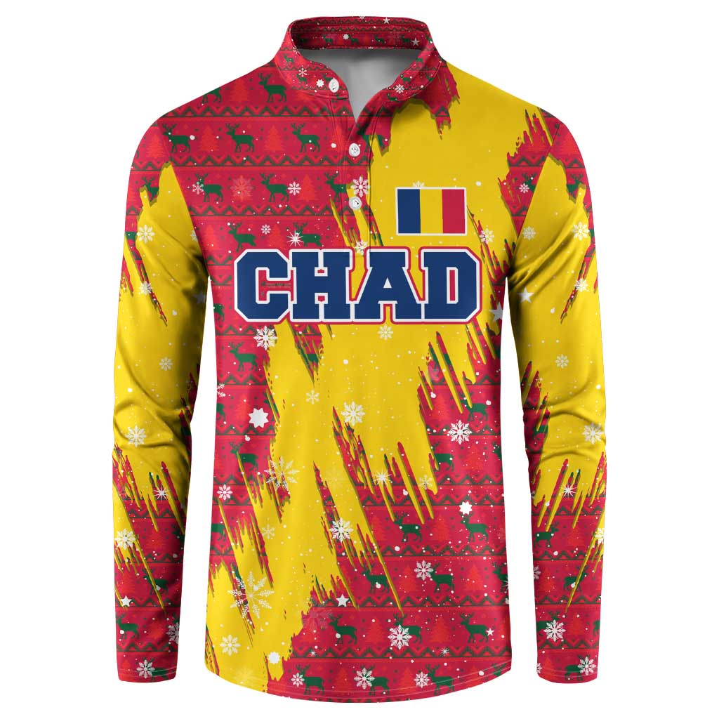 Chad Christmas Button Sweatshirt with Red-Yellow Festive Pattern, National Coat of Arms, and Snowflake Accents - Wonder Print Shop