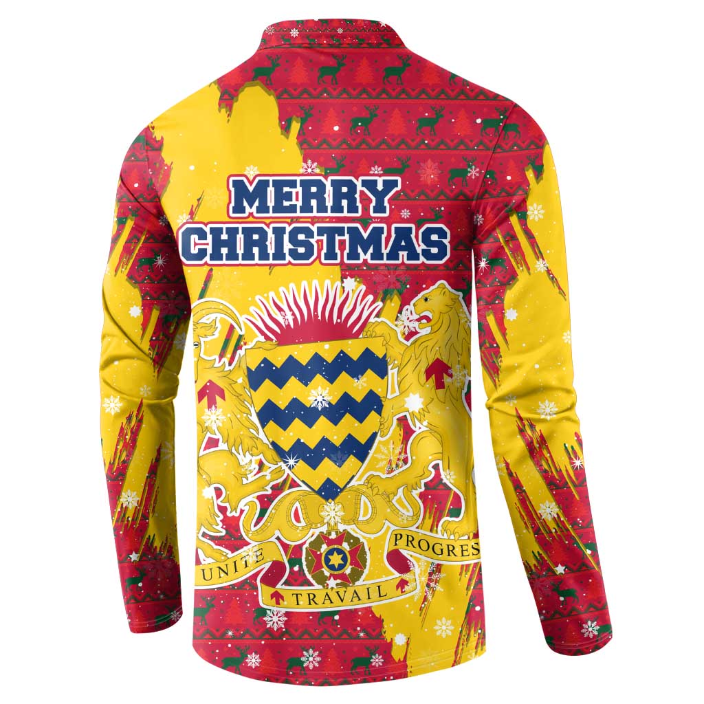 Chad Christmas Button Sweatshirt with Red-Yellow Festive Pattern, National Coat of Arms, and Snowflake Accents - Wonder Print Shop