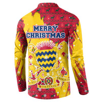 Chad Christmas Button Sweatshirt with Red-Yellow Festive Pattern, National Coat of Arms, and Snowflake Accents - Wonder Print Shop