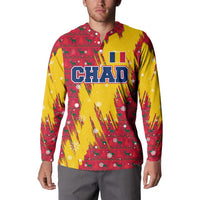 Chad Christmas Button Sweatshirt with Red-Yellow Festive Pattern, National Coat of Arms, and Snowflake Accents - Wonder Print Shop