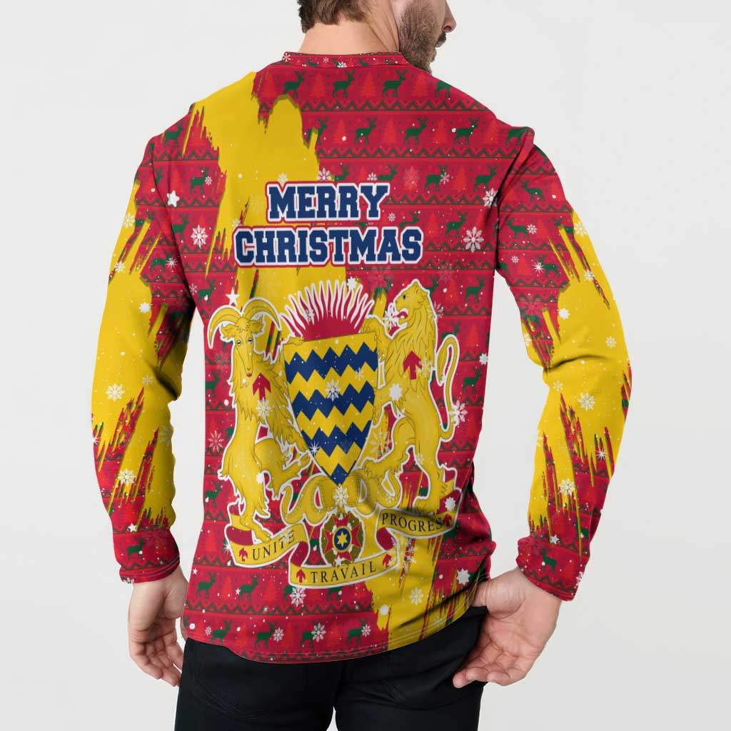 Chad Christmas Button Sweatshirt with Red-Yellow Festive Pattern, National Coat of Arms, and Snowflake Accents - Wonder Print Shop