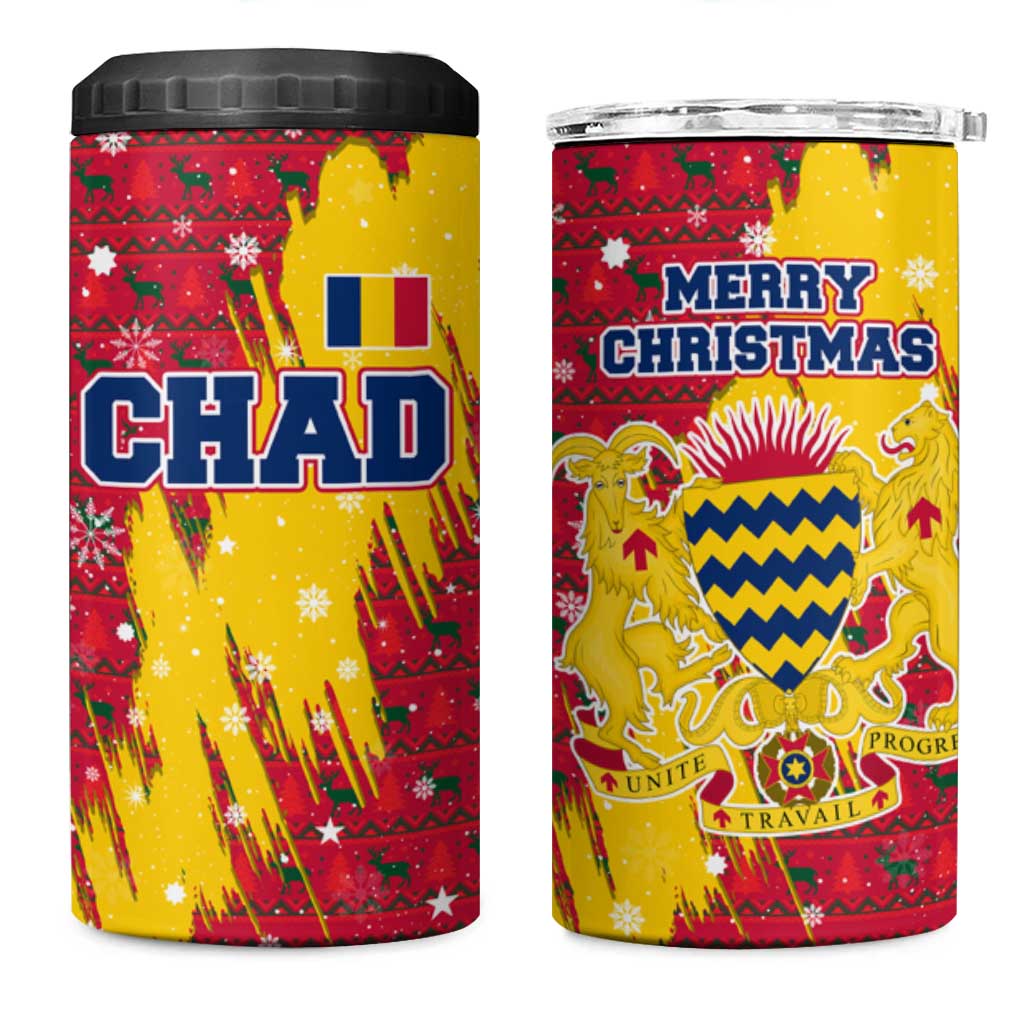 Chad Christmas 4 in 1 Can Cooler Tumbler with Red-Yellow Festive Pattern, National Coat of Arms, and Snowflake Accents - Wonder Print Shop