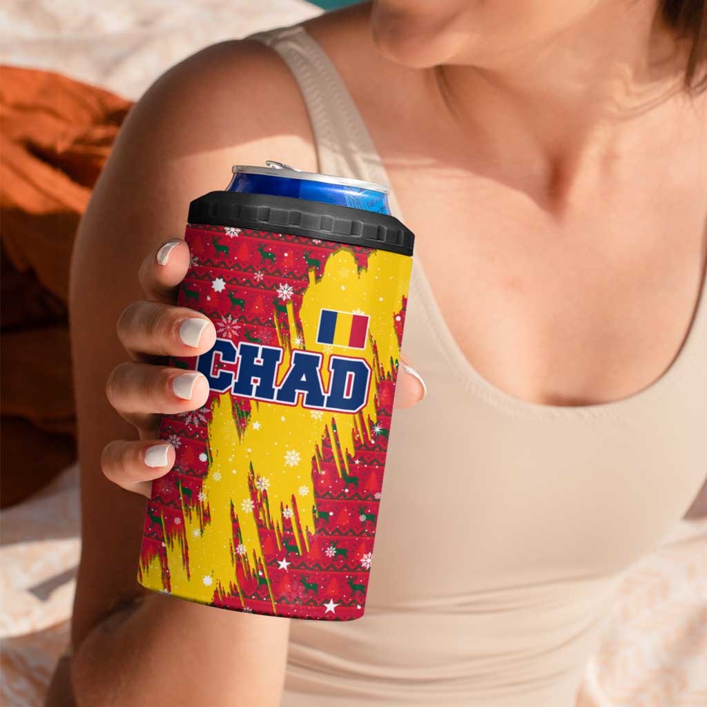 Chad Christmas 4 in 1 Can Cooler Tumbler with Red-Yellow Festive Pattern, National Coat of Arms, and Snowflake Accents - Wonder Print Shop