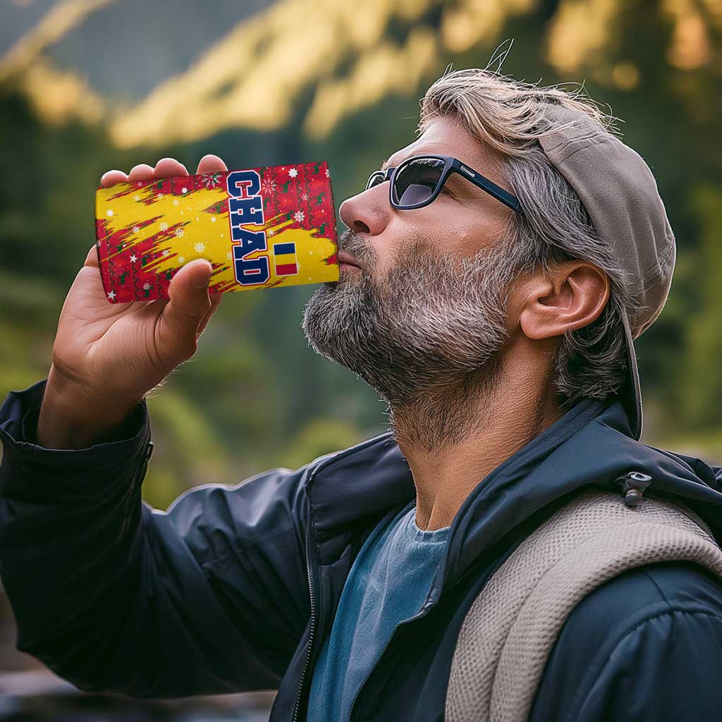 Chad Christmas 4 in 1 Can Cooler Tumbler with Red-Yellow Festive Pattern, National Coat of Arms, and Snowflake Accents - Wonder Print Shop