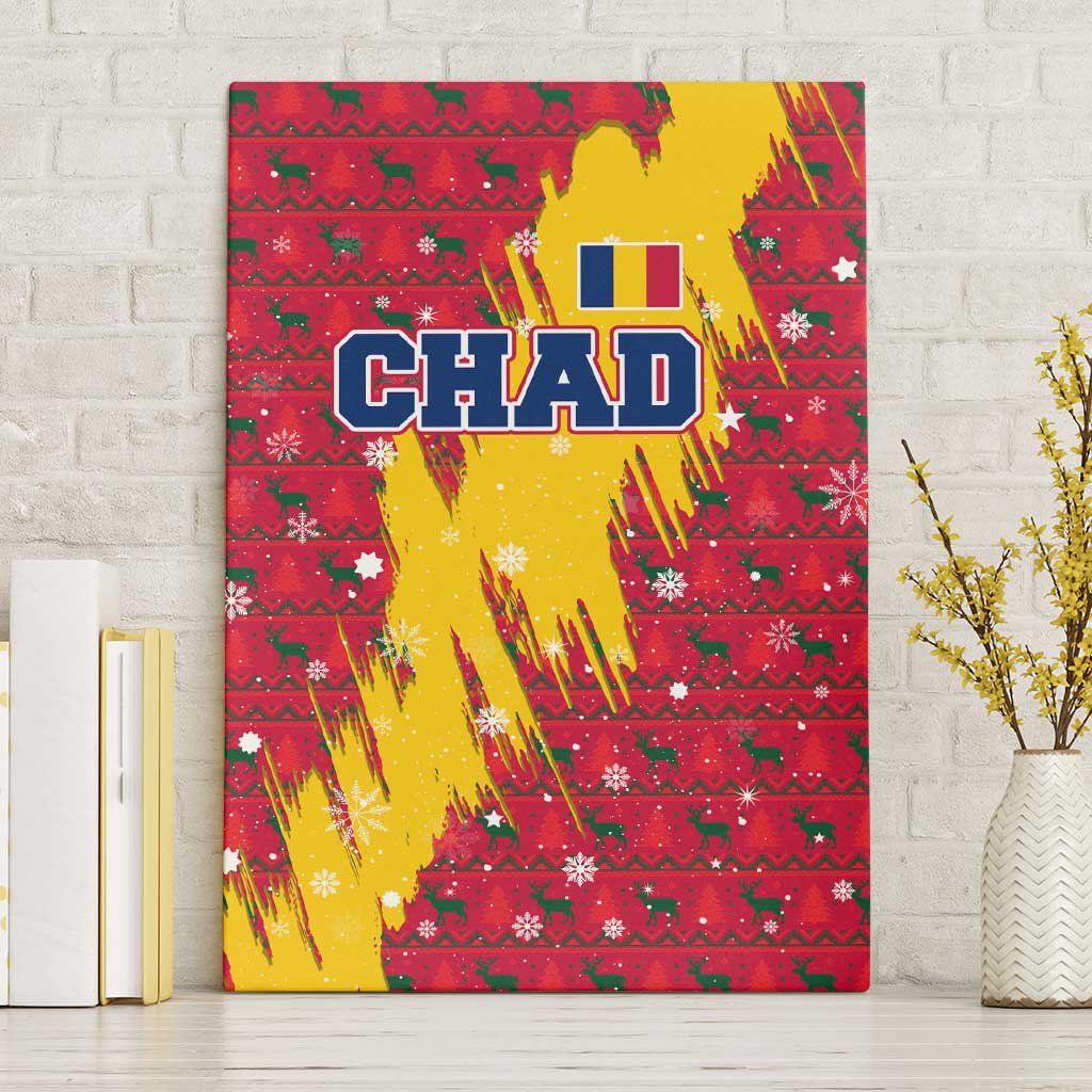 Chad Christmas Canvas Wall Art with Red-Yellow Festive Pattern, National Coat of Arms, and Snowflake Accents - Wonder Print Shop