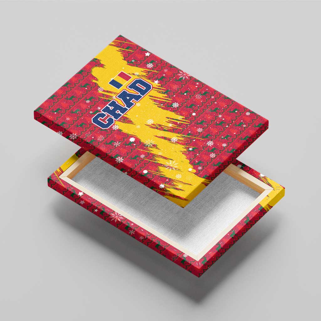 Chad Christmas Canvas Wall Art with Red-Yellow Festive Pattern, National Coat of Arms, and Snowflake Accents - Wonder Print Shop
