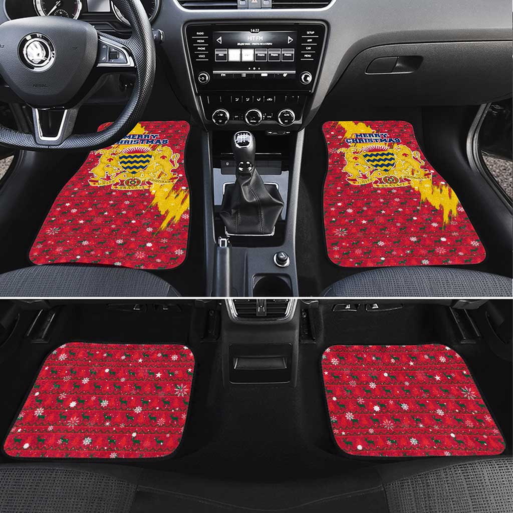 Chad Christmas Car Mats with Red-Yellow Festive Pattern, National Coat of Arms, and Snowflake Accents - Wonder Print Shop