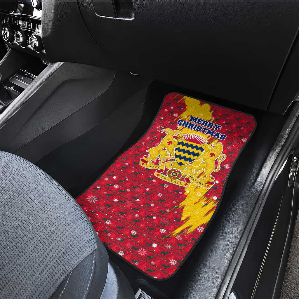 Chad Christmas Car Mats with Red-Yellow Festive Pattern, National Coat of Arms, and Snowflake Accents - Wonder Print Shop