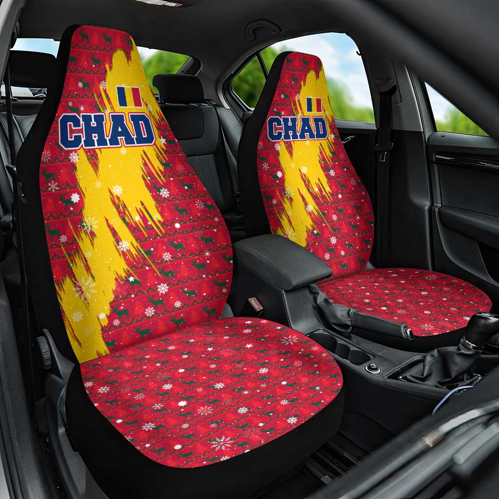 Chad Christmas Car Seat Cover with Red-Yellow Festive Pattern, National Coat of Arms, and Snowflake Accents - Wonder Print Shop