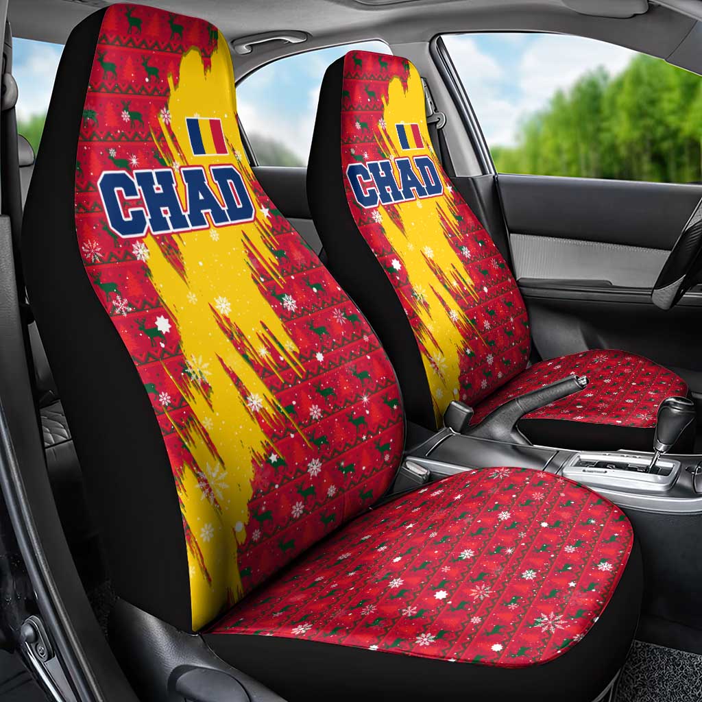 Chad Christmas Car Seat Cover with Red-Yellow Festive Pattern, National Coat of Arms, and Snowflake Accents - Wonder Print Shop