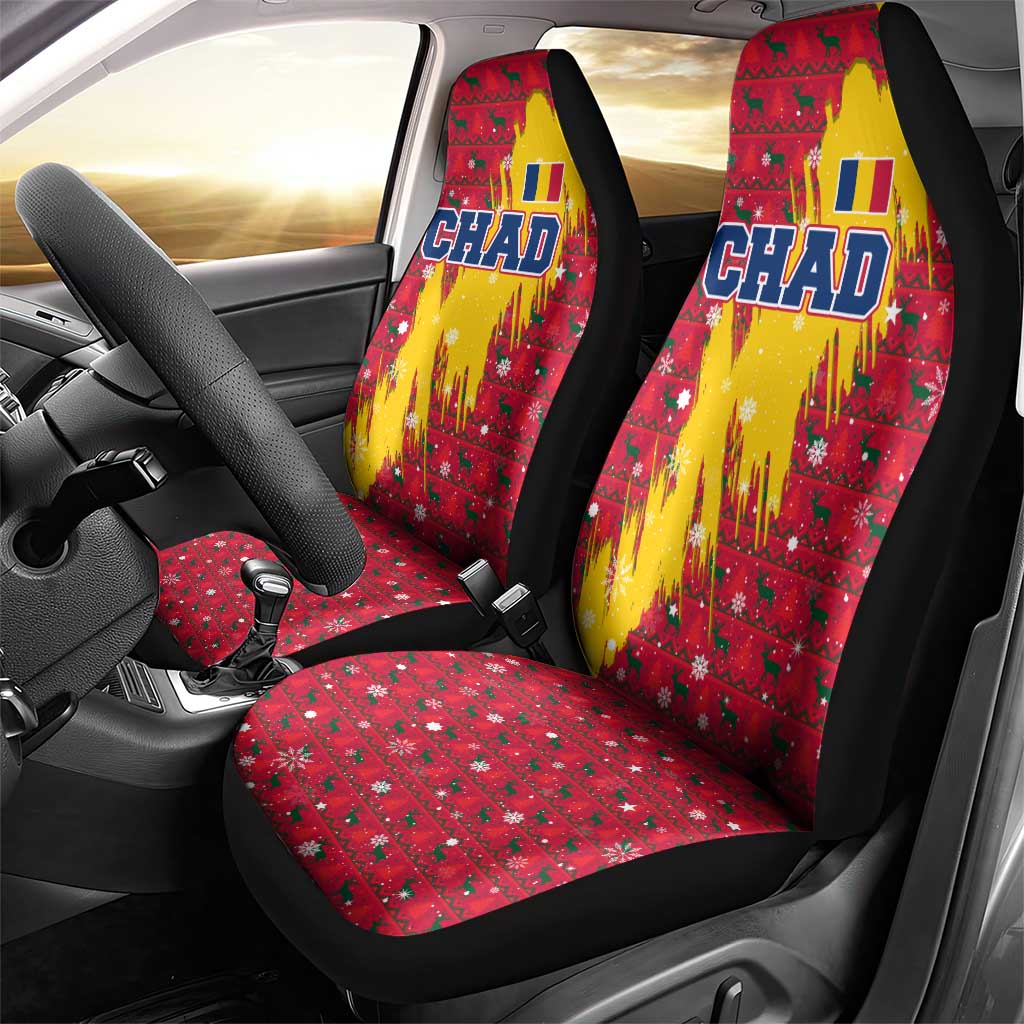 Chad Christmas Car Seat Cover with Red-Yellow Festive Pattern, National Coat of Arms, and Snowflake Accents - Wonder Print Shop