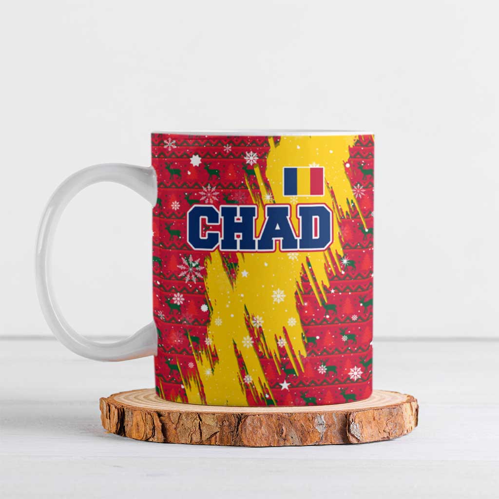 Chad Christmas Ceramic Mug with Red-Yellow Festive Pattern, National Coat of Arms, and Snowflake Accents - Wonder Print Shop