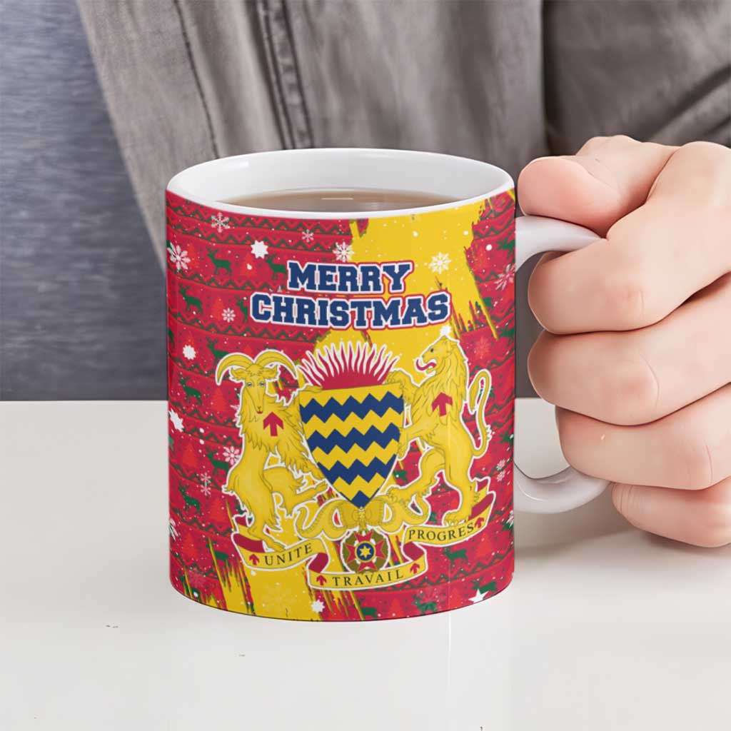 Chad Christmas Ceramic Mug with Red-Yellow Festive Pattern, National Coat of Arms, and Snowflake Accents - Wonder Print Shop
