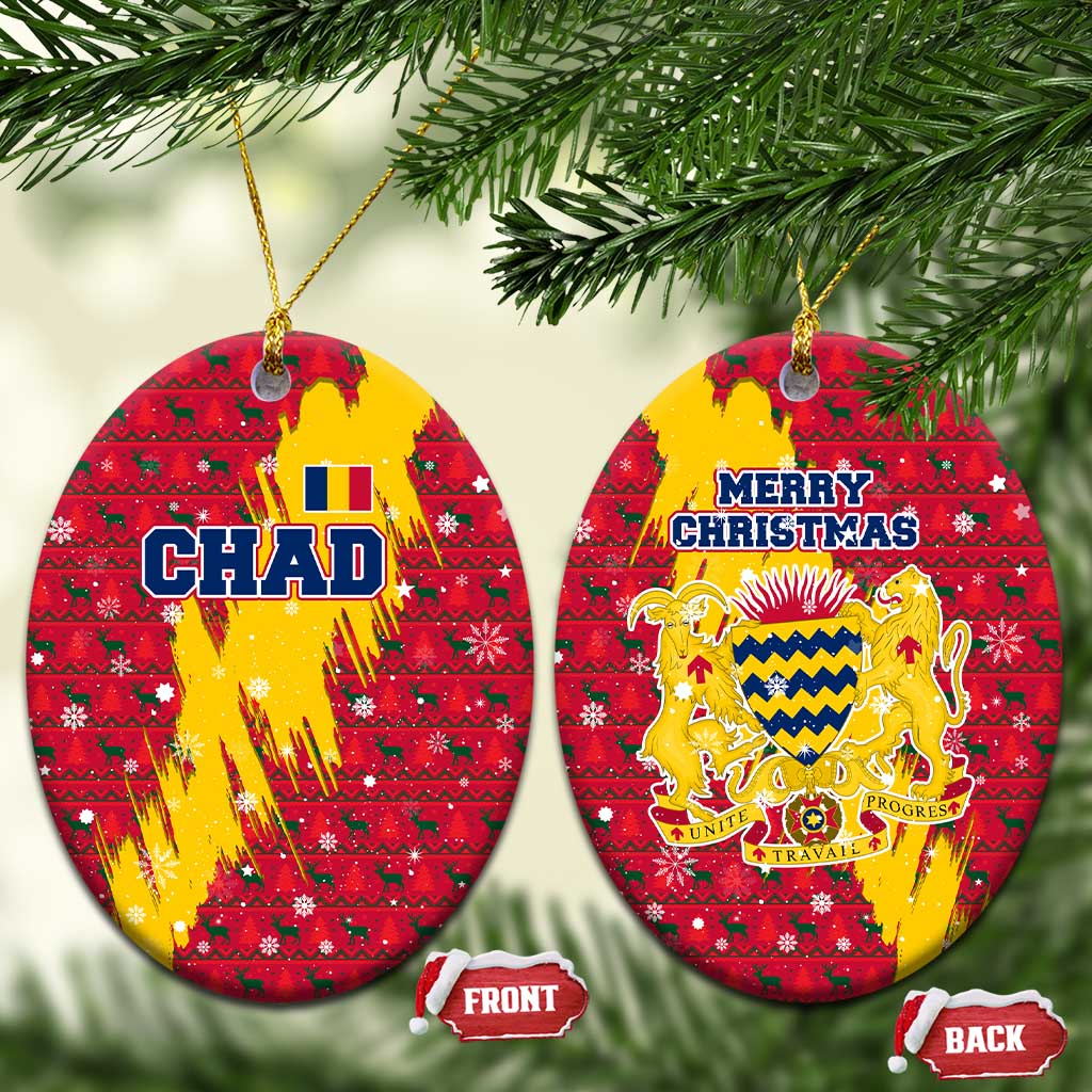 Chad Christmas Ceramic Ornament with Red-Yellow Festive Pattern, National Coat of Arms, and Snowflake Accents - Wonder Print Shop
