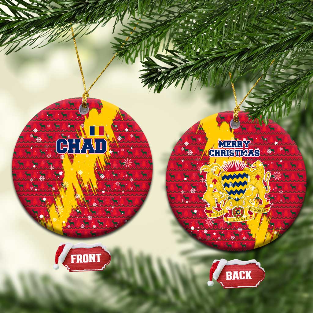 Chad Christmas Ceramic Ornament with Red-Yellow Festive Pattern, National Coat of Arms, and Snowflake Accents - Wonder Print Shop