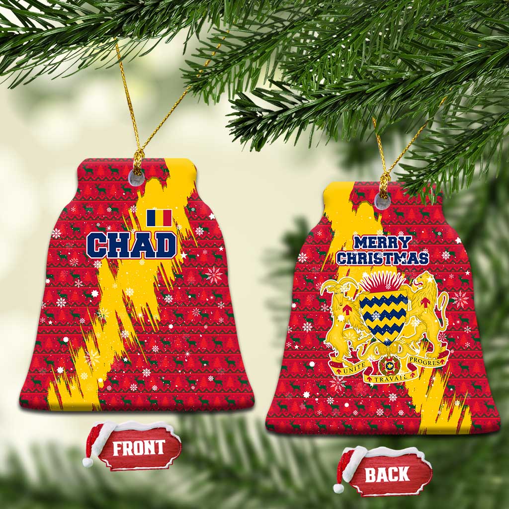 Chad Christmas Ceramic Ornament with Red-Yellow Festive Pattern, National Coat of Arms, and Snowflake Accents - Wonder Print Shop