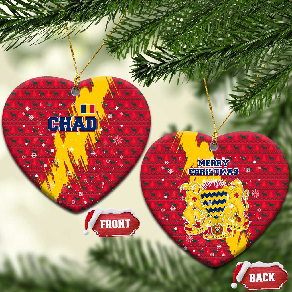 Chad Christmas Ceramic Ornament with Red-Yellow Festive Pattern, National Coat of Arms, and Snowflake Accents - Wonder Print Shop