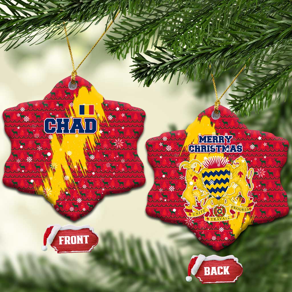 Chad Christmas Ceramic Ornament with Red-Yellow Festive Pattern, National Coat of Arms, and Snowflake Accents - Wonder Print Shop