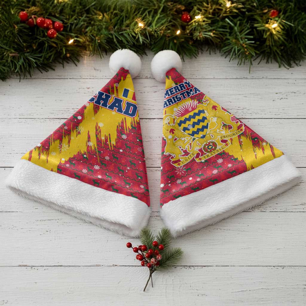 Chad Christmas Santa Hat with Red-Yellow Festive Pattern, National Coat of Arms, and Snowflake Accents - Wonder Print Shop