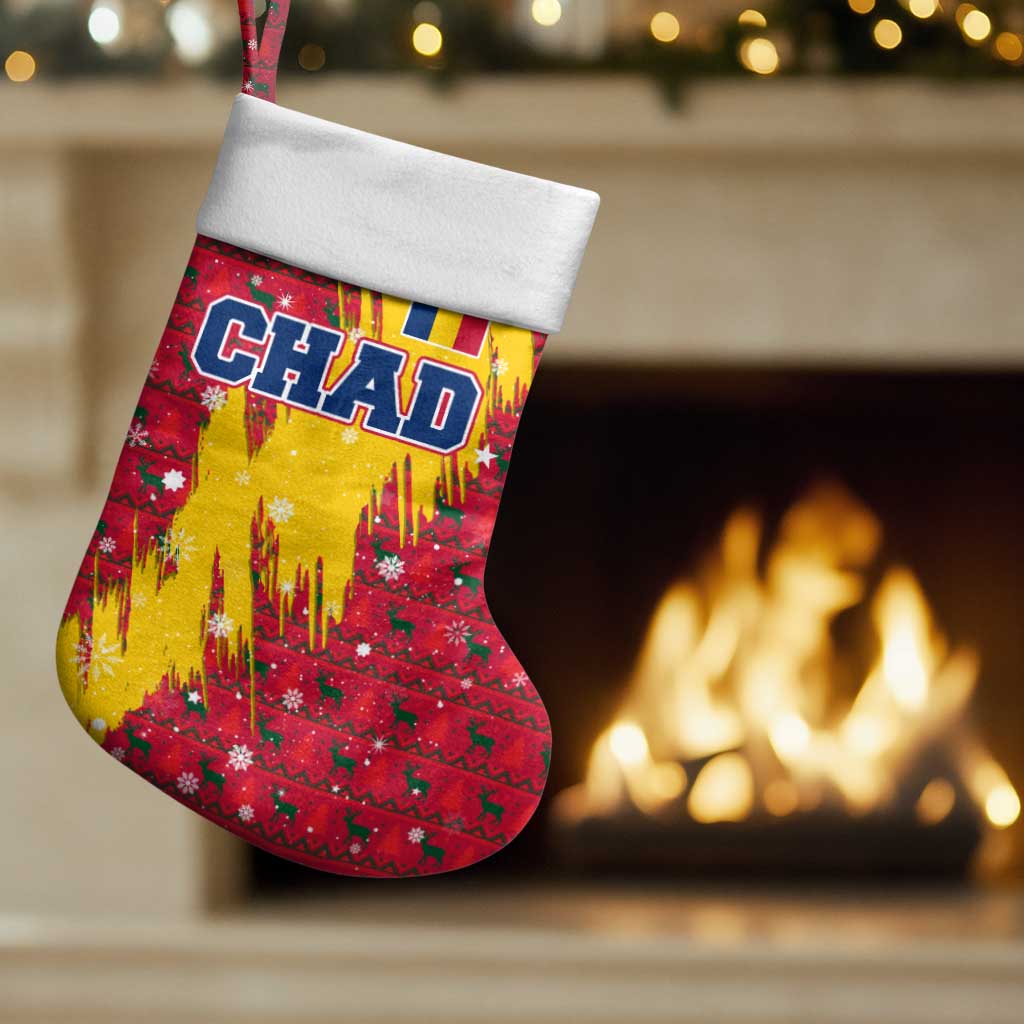 Chad Christmas Stocking with Red-Yellow Festive Pattern, National Coat of Arms, and Snowflake Accents - Wonder Print Shop