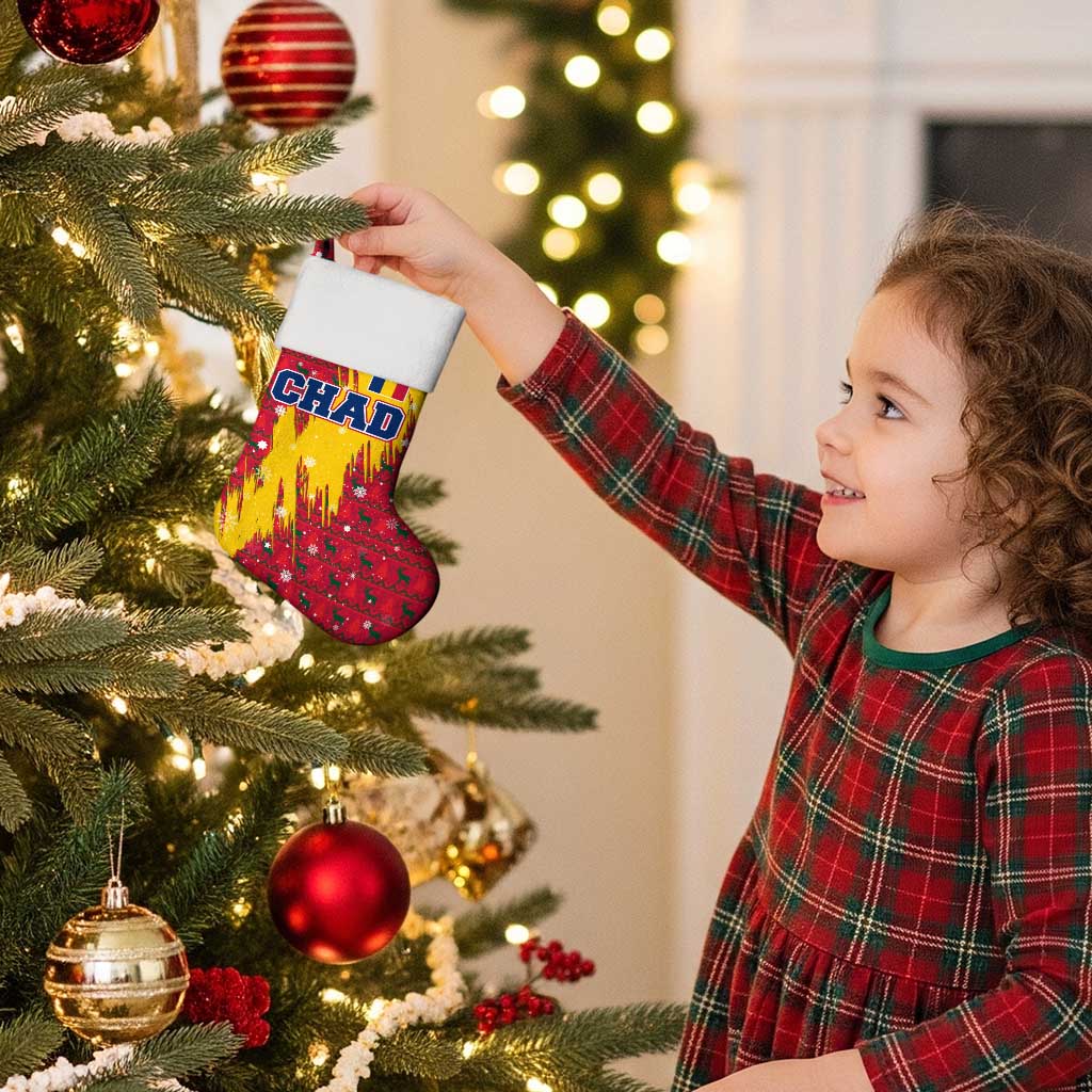 Chad Christmas Stocking with Red-Yellow Festive Pattern, National Coat of Arms, and Snowflake Accents - Wonder Print Shop