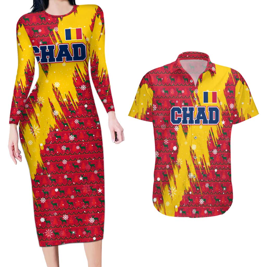 Chad Christmas Couples Matching Long Sleeve Bodycon Dress and Hawaiian Shirt with Red-Yellow Festive Pattern, National Coat of Arms, and Snowflake Accents - Wonder Print Shop