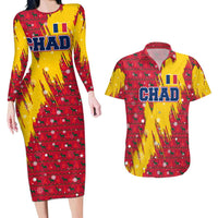 Chad Christmas Couples Matching Long Sleeve Bodycon Dress and Hawaiian Shirt with Red-Yellow Festive Pattern, National Coat of Arms, and Snowflake Accents - Wonder Print Shop
