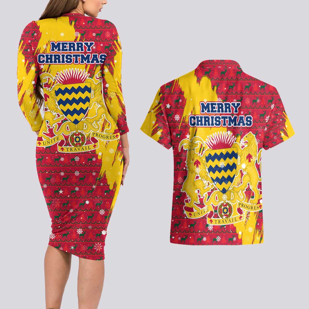 Chad Christmas Couples Matching Long Sleeve Bodycon Dress and Hawaiian Shirt with Red-Yellow Festive Pattern, National Coat of Arms, and Snowflake Accents - Wonder Print Shop